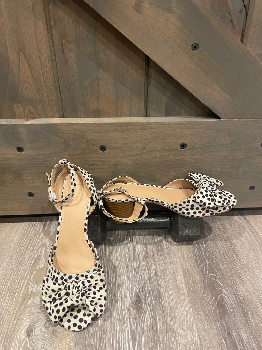 Polka Dot Ankle-Strap D'Orsay Flats - Black & Khaki